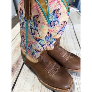 Roper Kids Brown Leather Watercolor Horse Western Cowboy Boots Size 4
